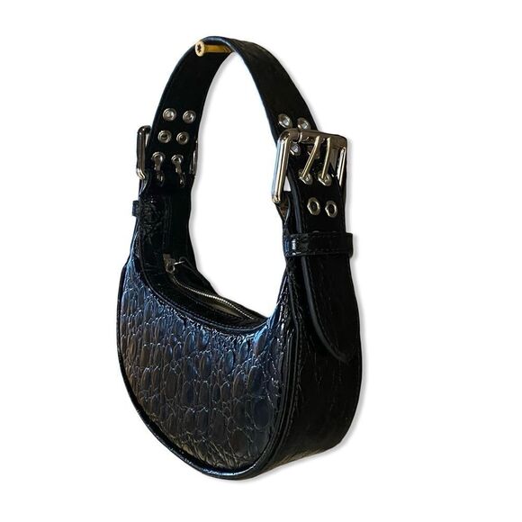 NEW By Far Soho Circular Mini Shoulder Bag Black crocodile purse silver Y2K $570 - Picture 8 of 14